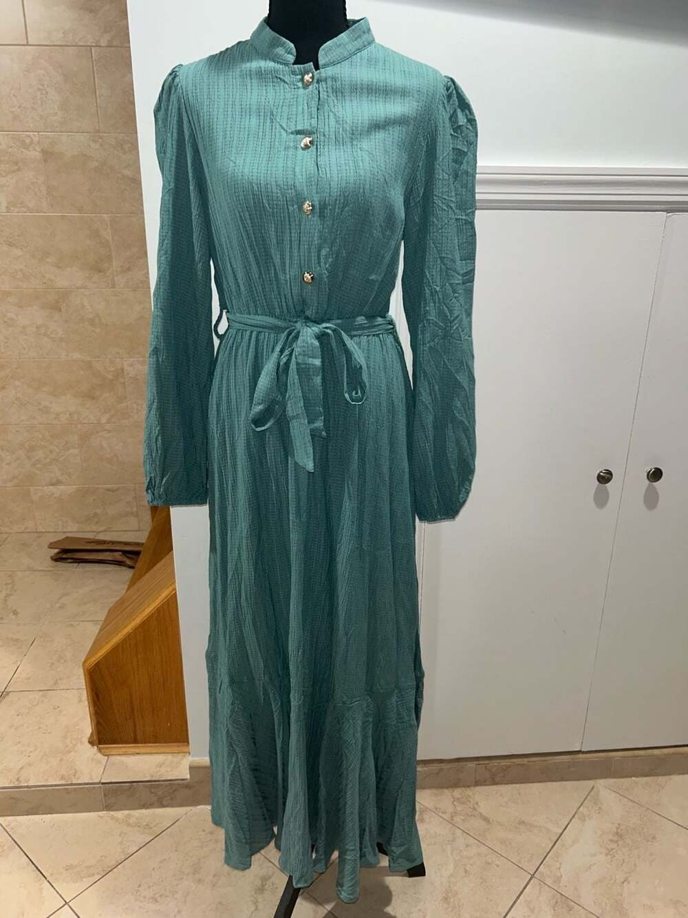 Women's Long Sleeve Stand Collar Lantern Midi Dress with Tie Waist